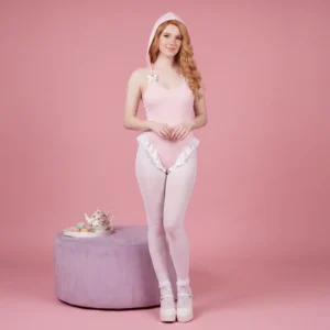 Pastel Pink Hooded Sissy Bodysuit with Bows and Ruffles – Pink