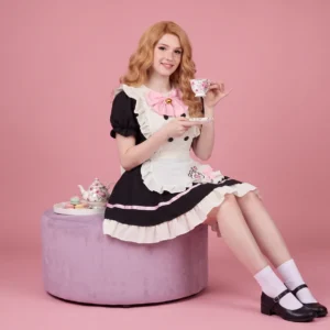 Cat Maid Lolita Dress with Pink Bow – front view