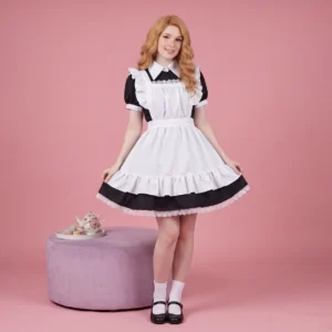 Black & White Café Maid Dress with Full Apron – front view